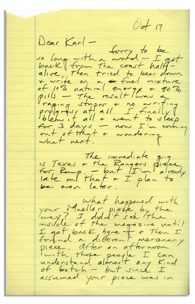 Lengthy Autograph Letter by Hunter S. Thompson -- ''...If I weaken any further, I might break down & pray for deliverance...''